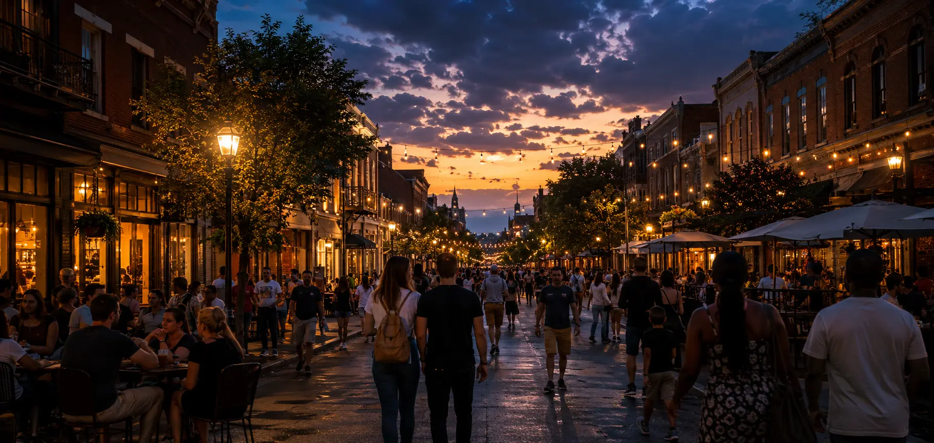 A lively American Main Street community at dusk