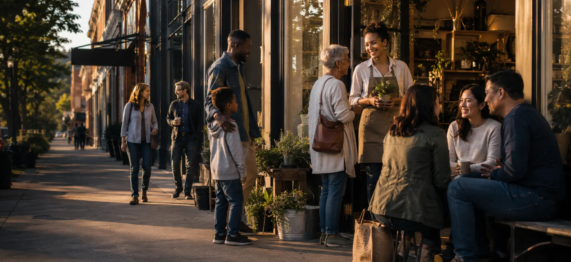 Local business owners and neighbors connecting on an American Main Street