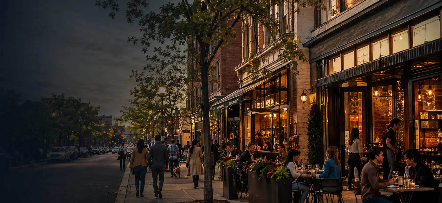 Neighbors exploring local storefronts and outdoor dining