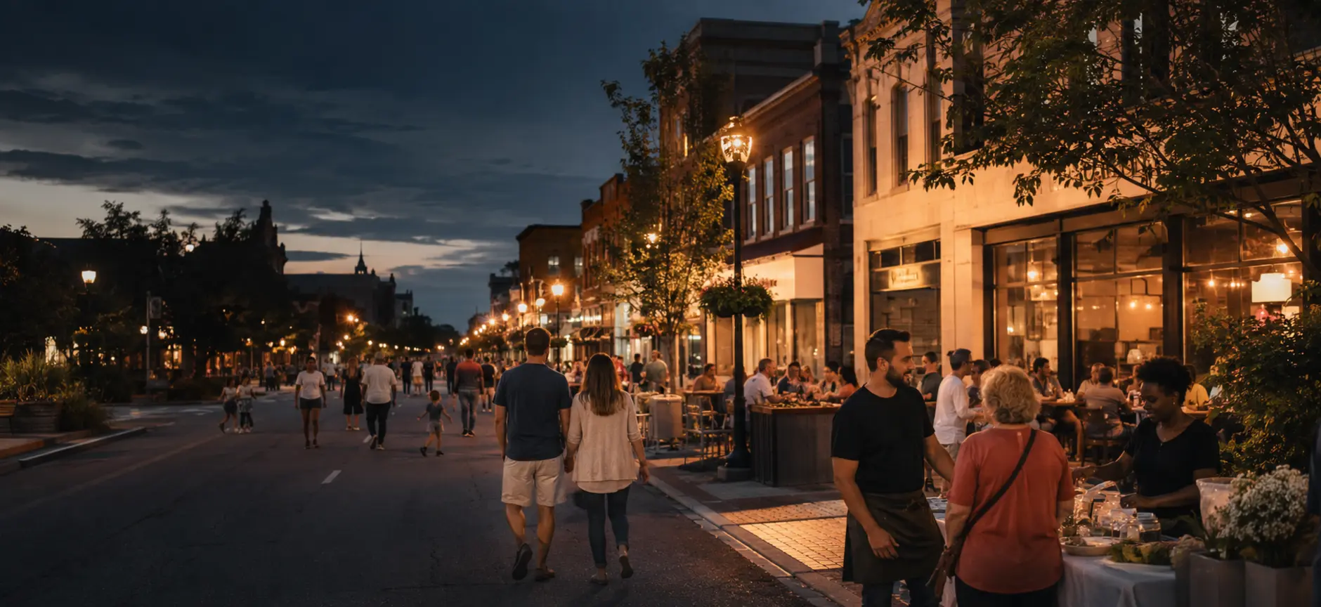 A downtown evening with local vendors, outdoor dining, families and neighbors