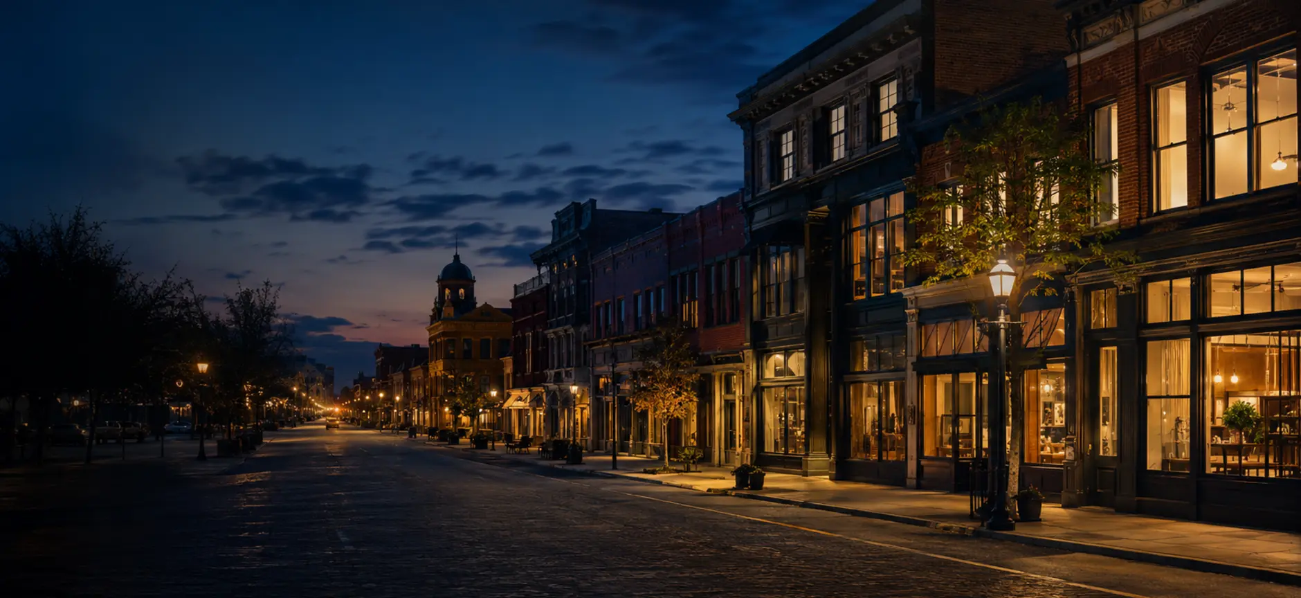 A warmly lit American Main Street at blue hour